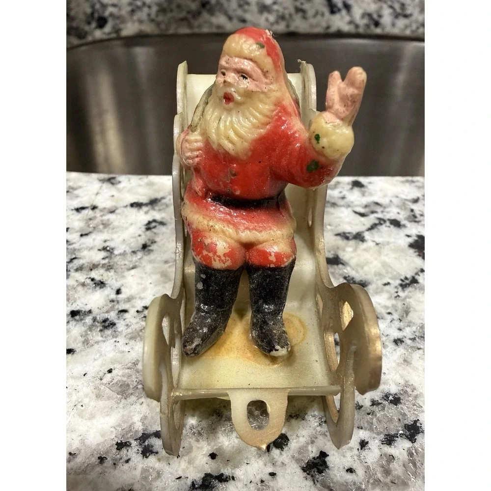 Vintage Plastic Santa Claus Sleigh Christmas Ornament Decor Hong Kong